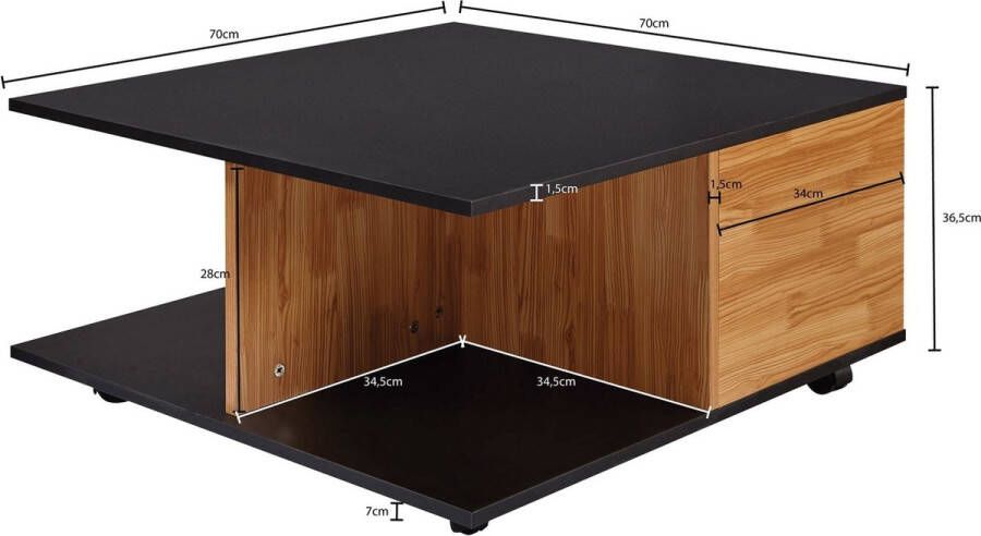 Rootz Living Rootz design salontafel 70x70 cm antraciet zand eiken Woonkamertafel met 2 lades Salontafel op wieltjes Tafel met 2 vakken