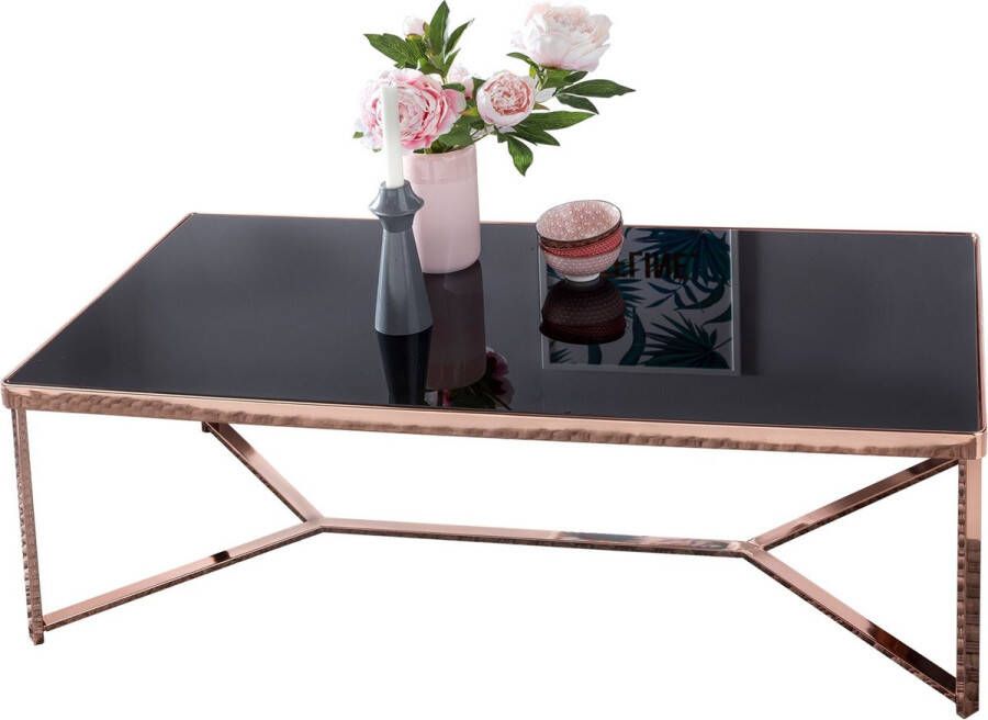 Rootz Living Rootz Salontafel Design Zwarte Plaat met Koperen Frame Moderne Spiegel Woonkamer Salontafel Hoekige Glazen Tafel 120 x 60 x 40 cm