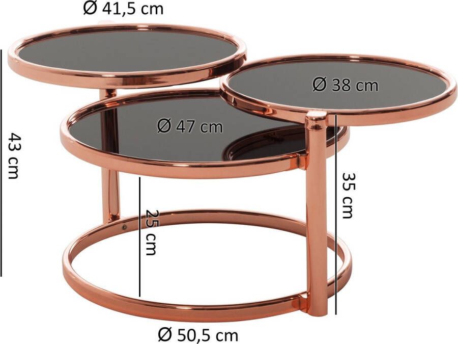 Rootz Living Rootz Salontafel Drie Lagen Bijzettafel Ronde Salontafel Metaal Glas Zwart Goud Koper