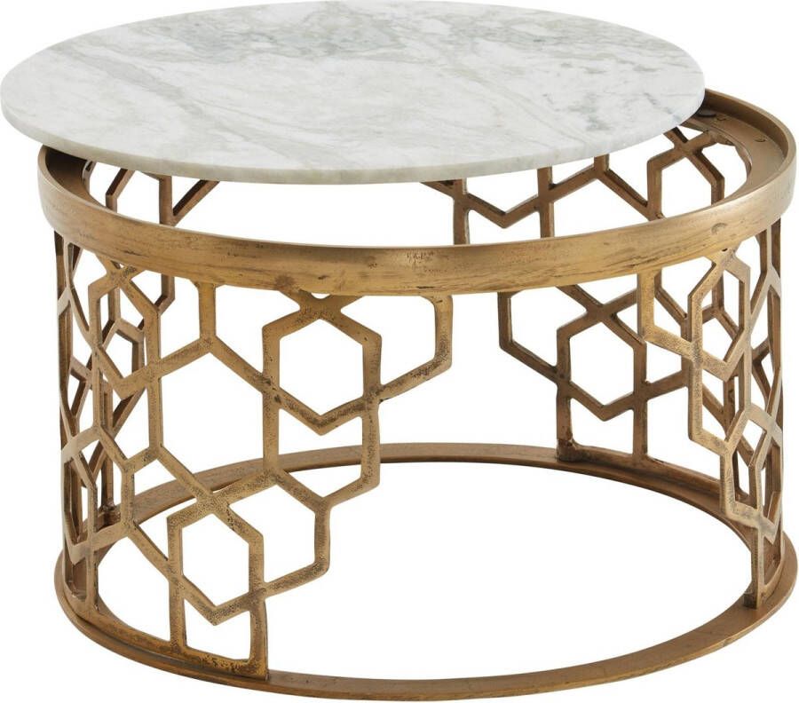 Rootz Living Rootz Salontafel Goud Metaal Design Ronde Woonkamertafel Moderne Kleine Salontafel Bijzettafel voor Woonkamer Wit Marmer 60x60x36 cm