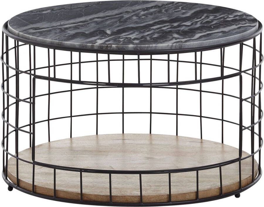 Rootz Living Rootz salontafel 60 5x60 5x37 cm echt marmeren salontafel hout metalen mand Ronde design woonkamertafel met opbergruimte Salontafel modern zwart Bijzettafel woonkamer