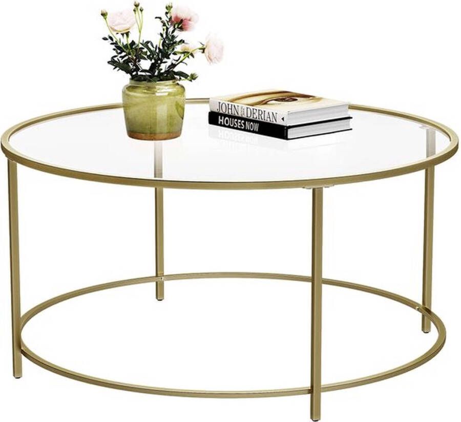 Rootz Living Rootz Salontafel Ronde salontafel met glazen oppervlak Ronde bijzettafel met metalen poten Stijlvolle ronde bijzettafel Gehard glas Goud 84 x 84 x 45 5 cm ((L x B x H)