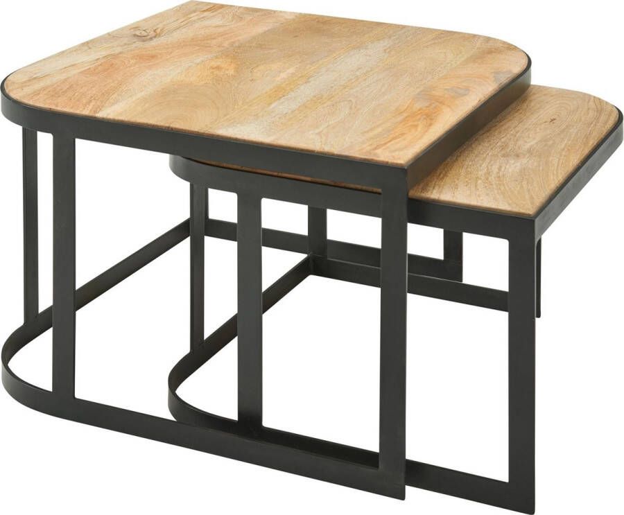 Rootz Living Rootz salontafel set van 2 Mango massief hout metalen woonkamer tafellamp Industriële nesttafel bijzettafel metalen poten zwart 2-delige placemat nesttafel van hout
