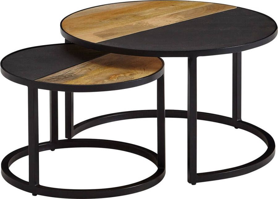 Rootz Living Rootz salontafel set van 2 ronde stenen salontafels modern design bijzettafel ronde woonkamertafels houten tafel met metalen nesttafels massief mangohout