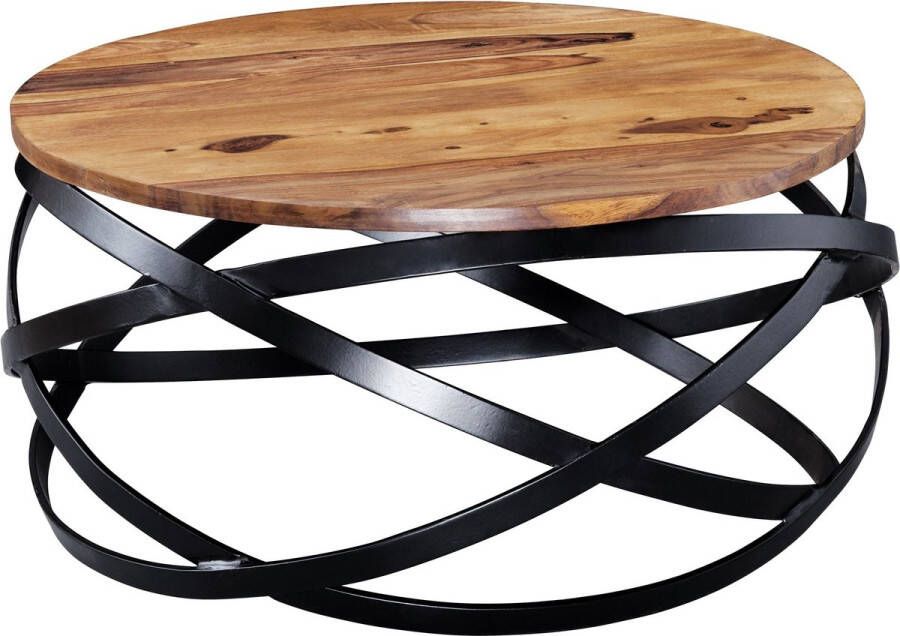 Rootz Living Rootz salontafel 60x30x60 cm Sheesham massief hout metalen salontafel Design woonkamertafel rond Kamertafel industrieel bruin Design houten tafel salontafel massief Tafel woonkamer