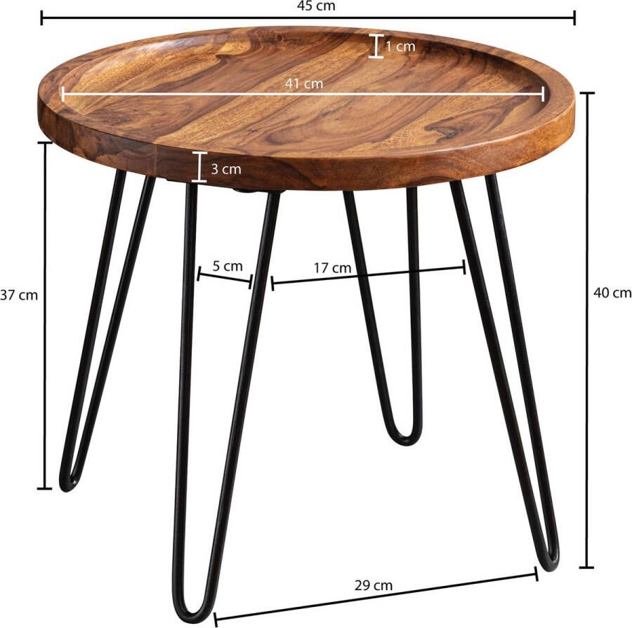 Rootz Living Rootz salontafel Sheesham massief hout 45x40x45 cm woonkamertafel rond Sofatafel met haarspeldpoten Salontafel van hout en metaal