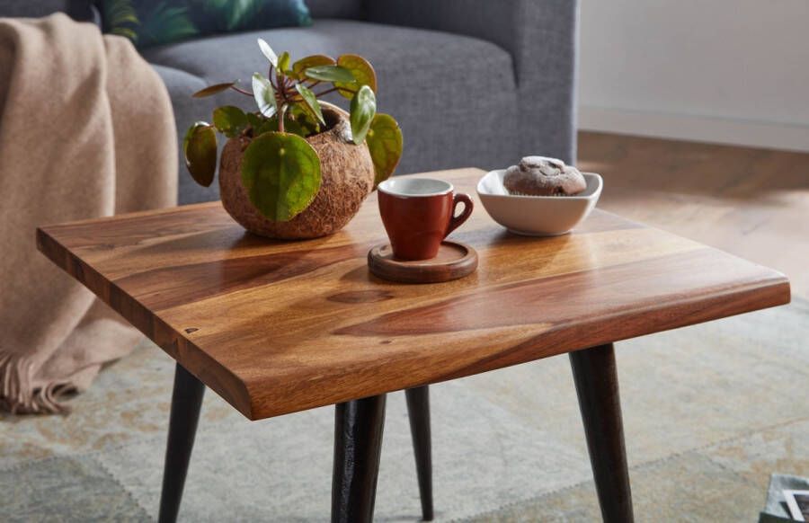 Rootz Living Rootz Salontafel Sheeshamhout met Boomrand Vierkant Metalen Frame Kleine Moderne Woonkamertafel 50x50x40 cm