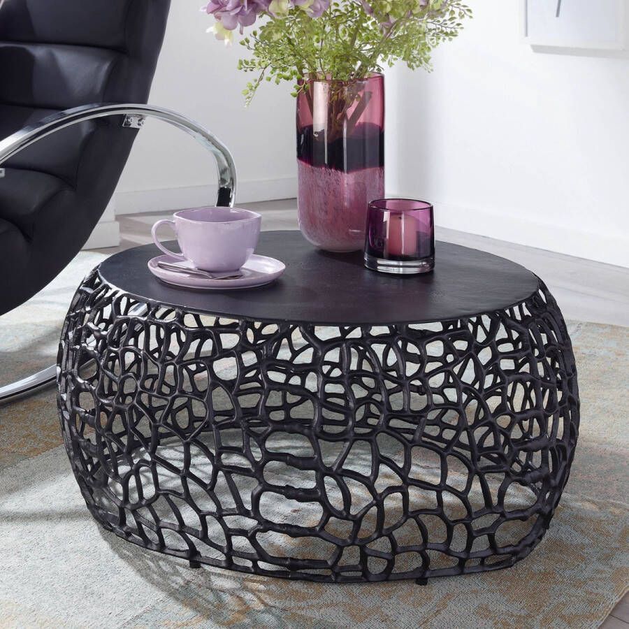 Rootz Living Rootz salontafel van zwart metaal 66x66x30 cm rond aluminium design met takstructuur