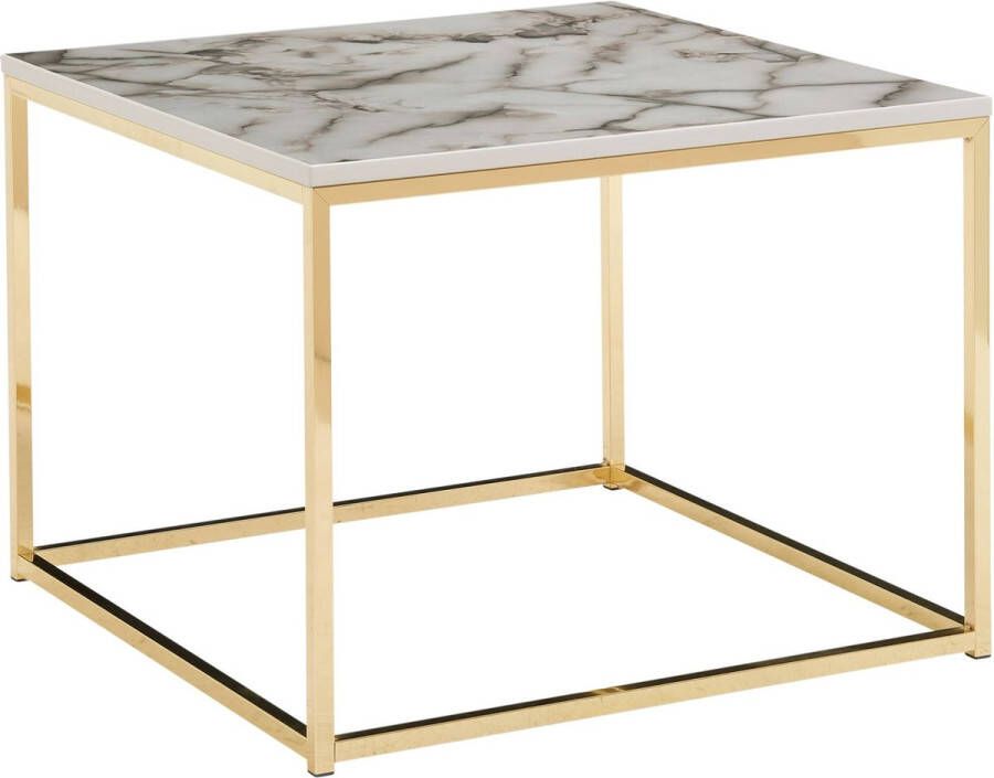 Rootz Living Rootz Salontafel Woonkamertafel met metalen frame Witgouden Marmerlook Bijzettafel met vierkante bank 60x60x45 cm