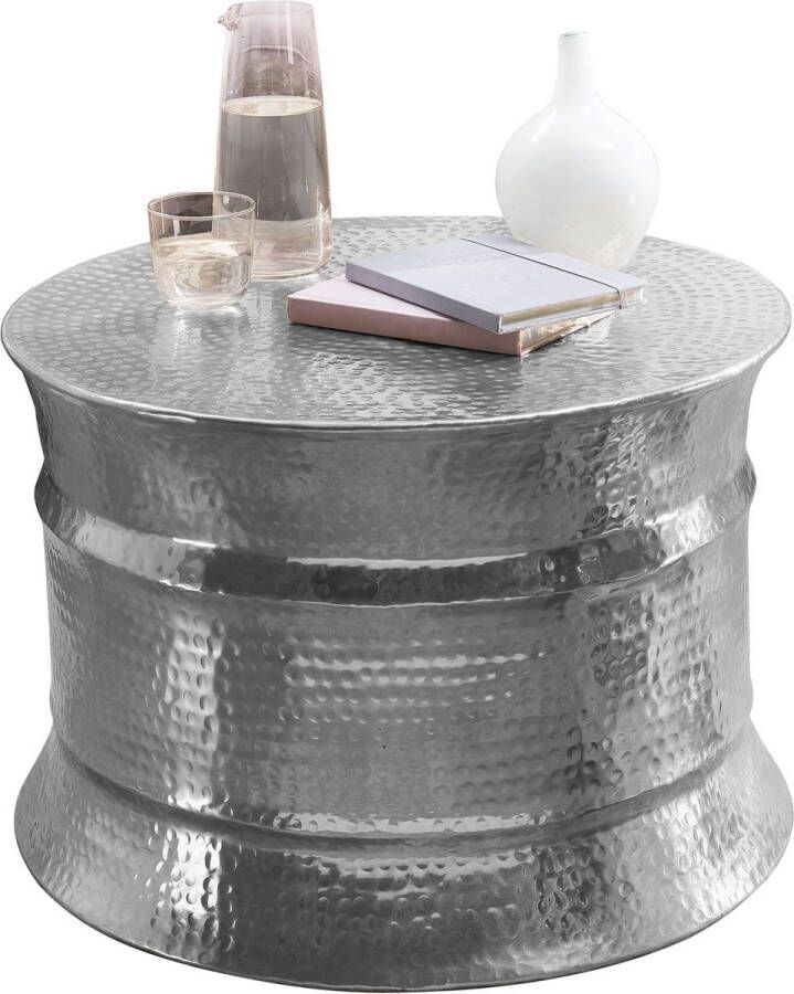 Rootz Living Rootz salontafel 62x41x62cm aluminium zilver bijzettafel orientaals rond Plat gehamerde salontafel metaal Design woonkamertafel modern Loungetafel indian stub table small