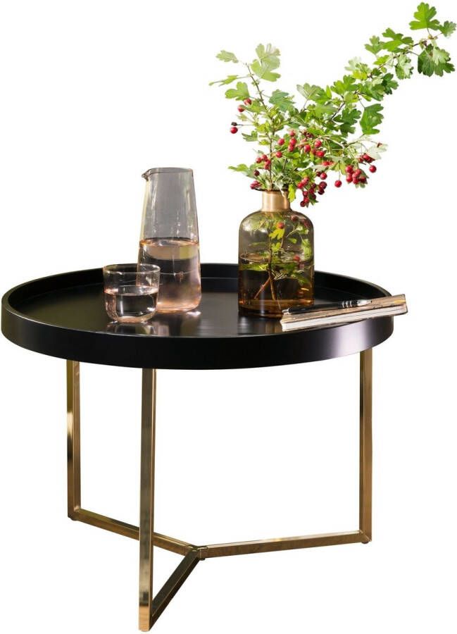 Rootz Living Rootz salontafel 58-5x42x58-5cm zwart goud salontafel metaal rond Design retro salontafel modern Kleine loungetafel met metalen onderstel Ronde dienbladtafel met houten plaat