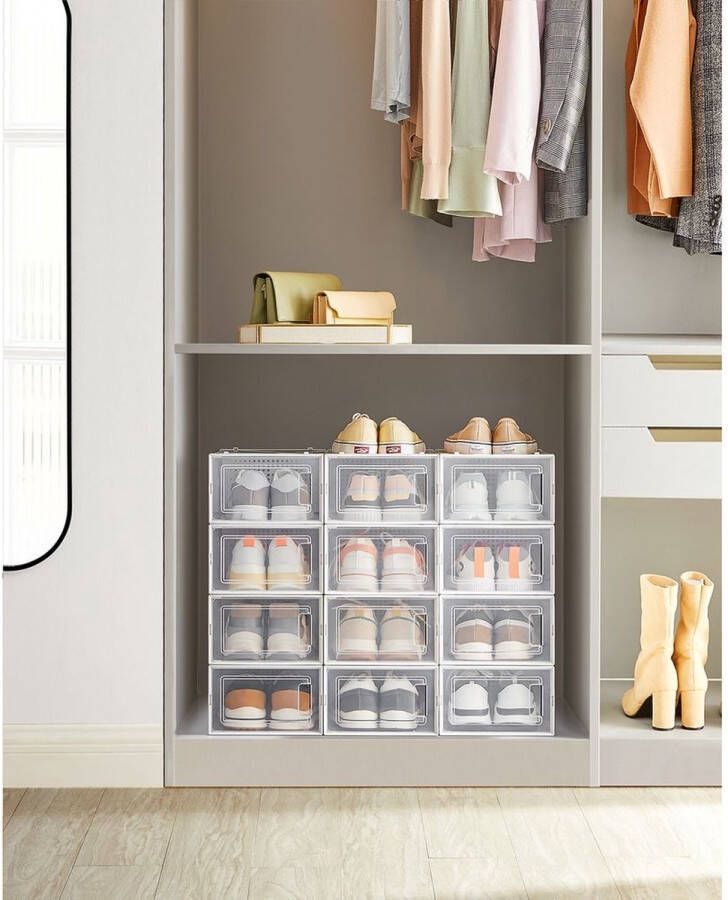 Rootz Living Rootz schoenendoos set van 12 schoenendozen doorzichtige schoenendozen plastic schoenendozen schoenendisplaydozen reisschoenendozen voor schoenen tot transparant wit 33 3 x 23 x 14 cm
