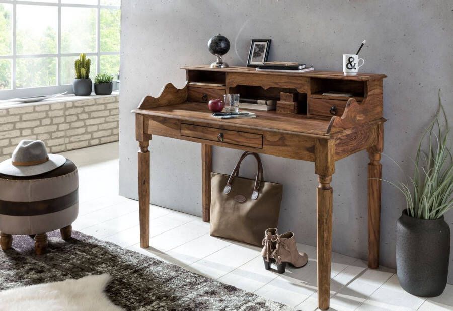 Rootz Living Rootz Consoletafel Massief Sheesham Landelijke Stijl Secretaire Consoletafel met 3 Laden 115x100x60 cm