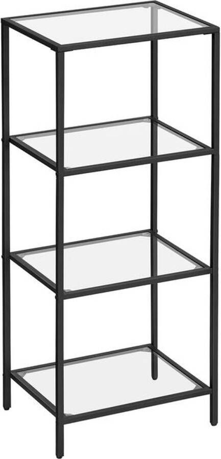 Rootz Living Rootz Standing Shelf Metal Shelf Vrijstaand Rek Met 4 Planken Metaal Glas Zwart 40 x 30 x 95 cm