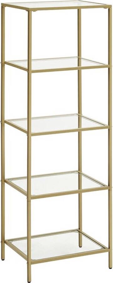 Rootz Living Rootz Standing Shelf Stand Shelf Met 5 Glazen Planken Rek 5 Tier Standing Shelf Staal Gehard Glas Goud 40 x 30 x 124 5 cm