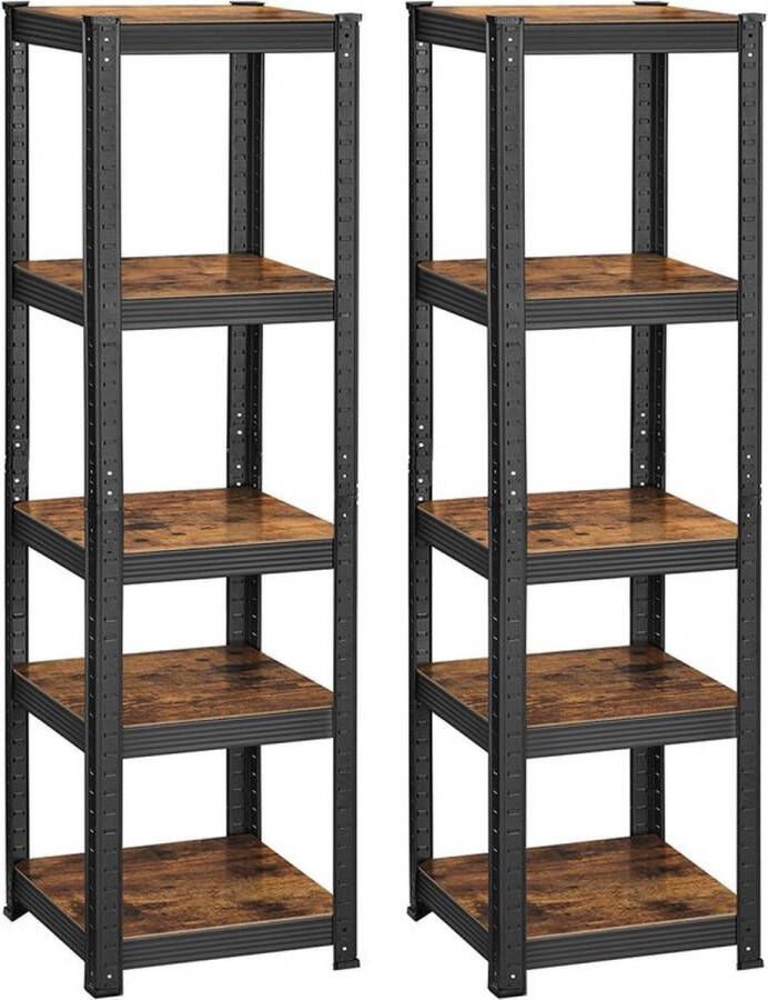 Rootz Living Rootz Storage Rack Storage Shelves Heavy-duty Shelves Set Van 2 Storage Racks Heavy-Duty Storage Shelves Met 5 Planken Vintage Bruin-Zwart 150 x 37 x 37 cm