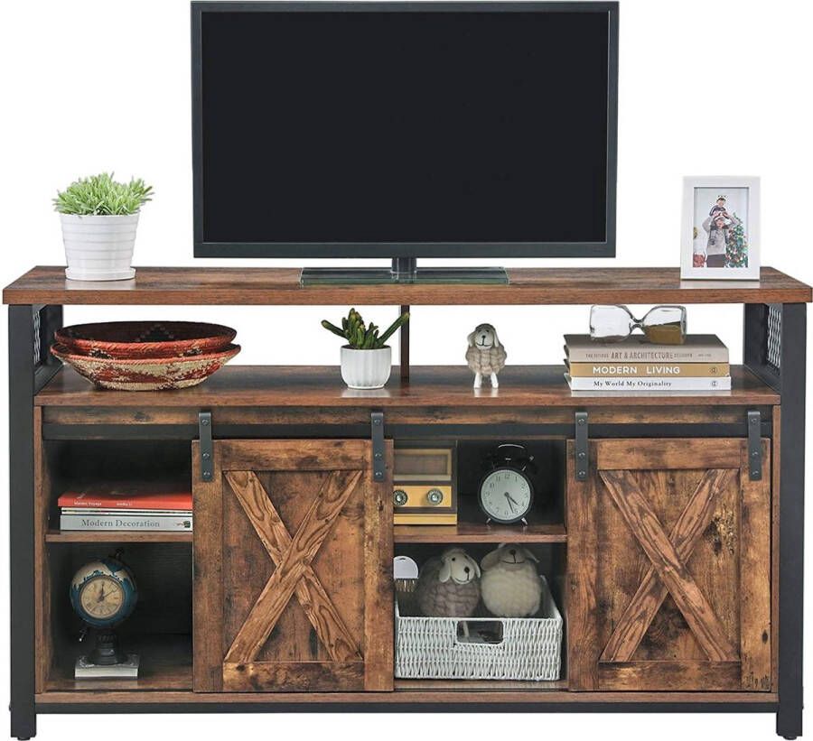 Rootz Living Rootz TV Meubel TV Kast 2 Schuifdeuren t m 60 Inch 135 x 40 x 76 cm Verstelbare Planken Industrieel Bruin Zwart