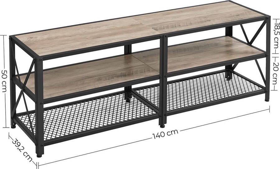 Rootz Living Rootz TV Meubel TV Kast Lowboard Opbergruimte Open Vakken t m 60 70 Inch Staal Bewerkt Hout Naturel Grijs 140 60 x 39 2 x 50 cm