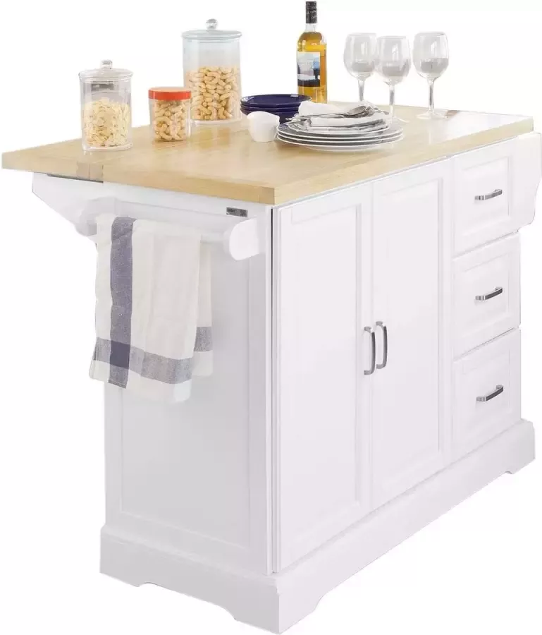 Rootz Living Rootz Uitschuifbare keukeneilandkeuken Kast Sideboard Kitchen Opbergwagen met werkblad van rubberhout