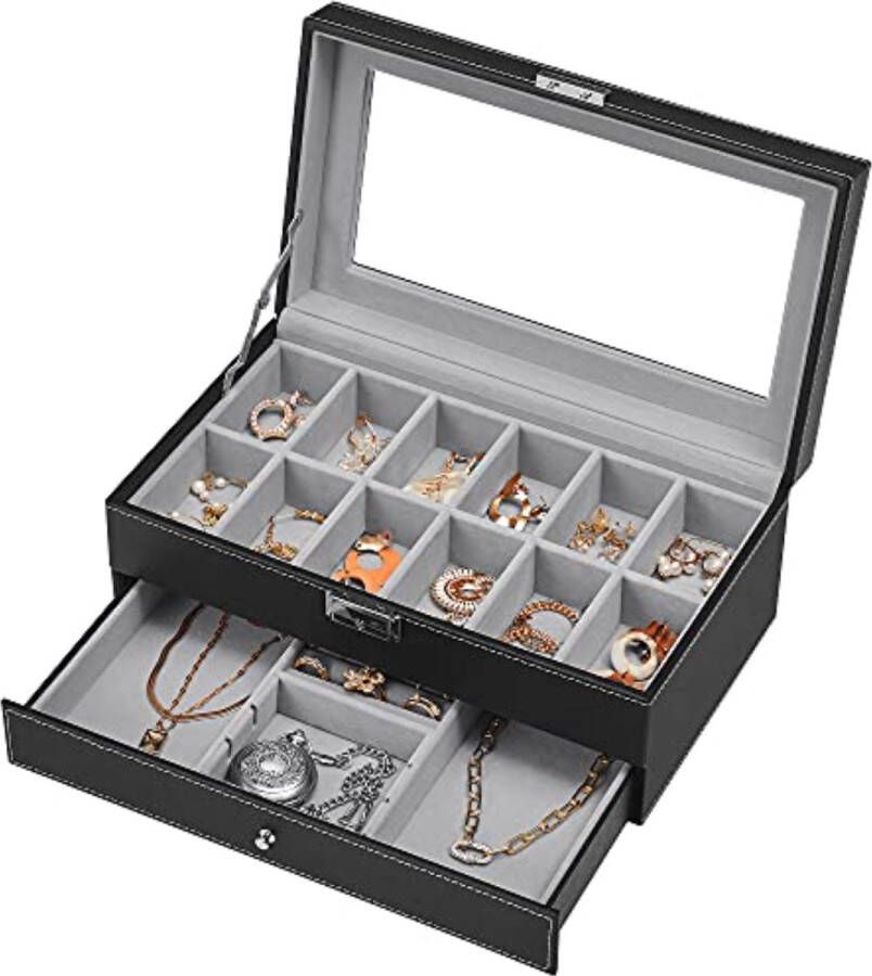 Rootz Living Rootz Watchbox Watch Organizer 2 niveaus 12 vakken 1 lade glazen deksel zwart kunstleer 32 5 x 19 5 x 11 5 cm