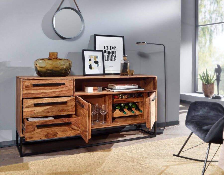 Rootz Living Rootz dressoir 165x80x40 cm massief sheesham hout metaal met wijnrek ladekast Home bar ladekast Industrieel