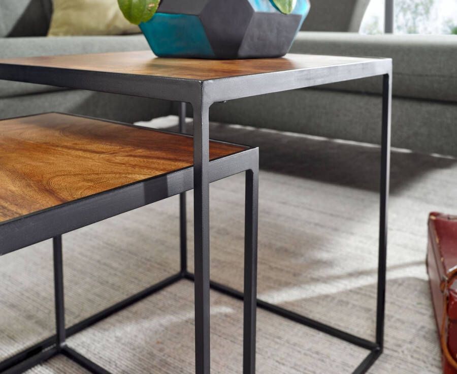 Rootz Living Rootz woonkamertafel set van 2 mango massief hout metalen bijzettafel vierkant Design bijzettafel Industrieel Salontafel Vierkante salontafel Placemat 2-delige nesttafel