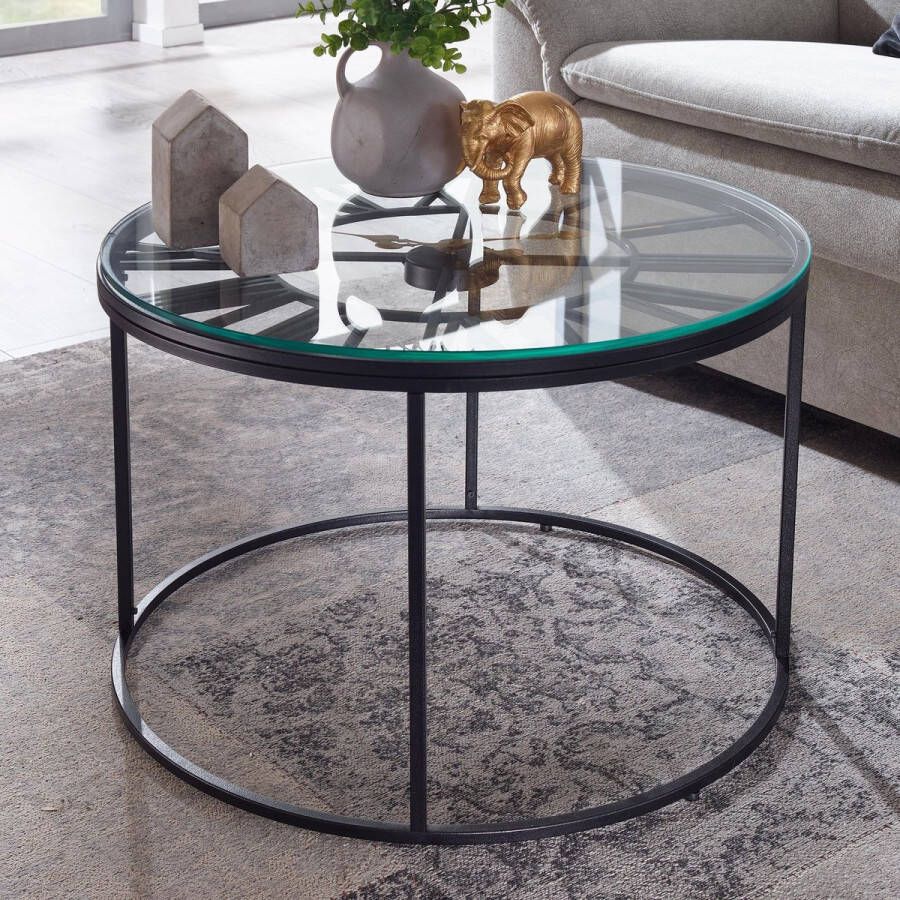 Rootz Living Rootz zwarte salontafel met decoratieve klok 60x60x43 cm glas & metaal modern design