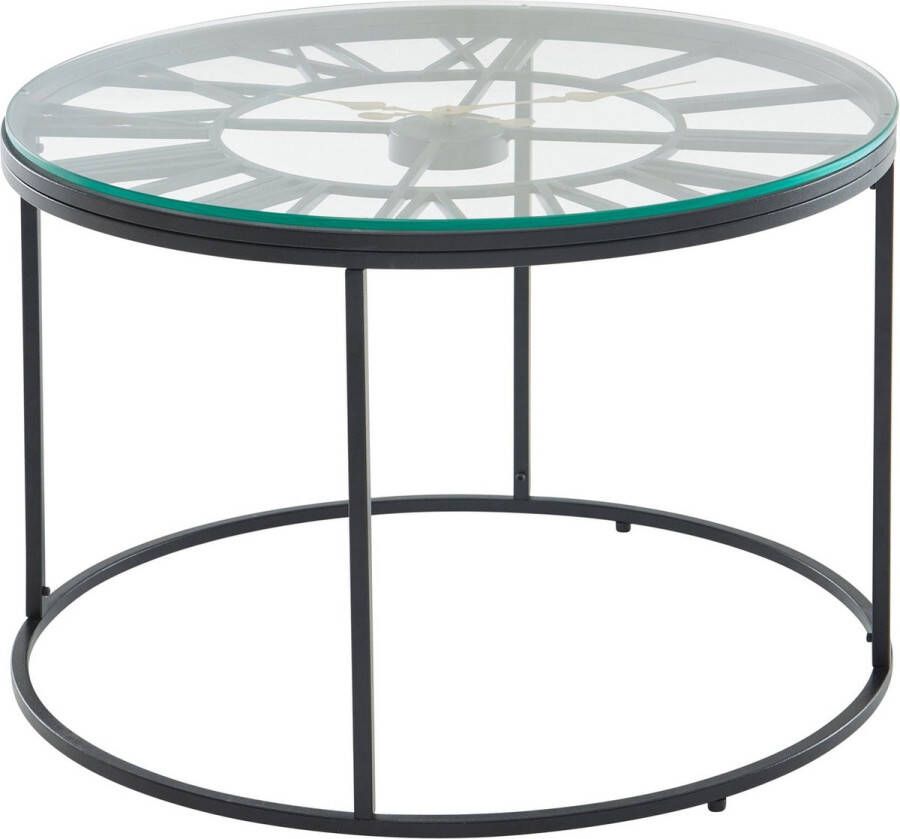 Rootz Living Rootz Zwarte Salontafel met Decoratieve Klok Glas & Metaal Modern Design Kleine Ronde Tafel 60x60x43 cm