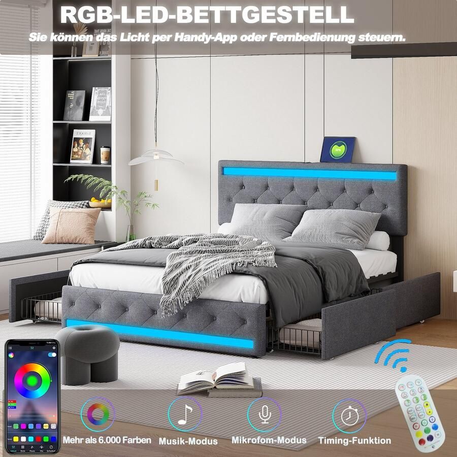 ROSAHQNDA 160x200cm Modern tweepersoonsbed met 4 lades gestoffeerd bed met LED-lamp hoofdbord en 4 lades met USB-oplaadfunctie platformbedframe grijs linnen zonder matras (splitsen voor 2 pakketten voor verzending)