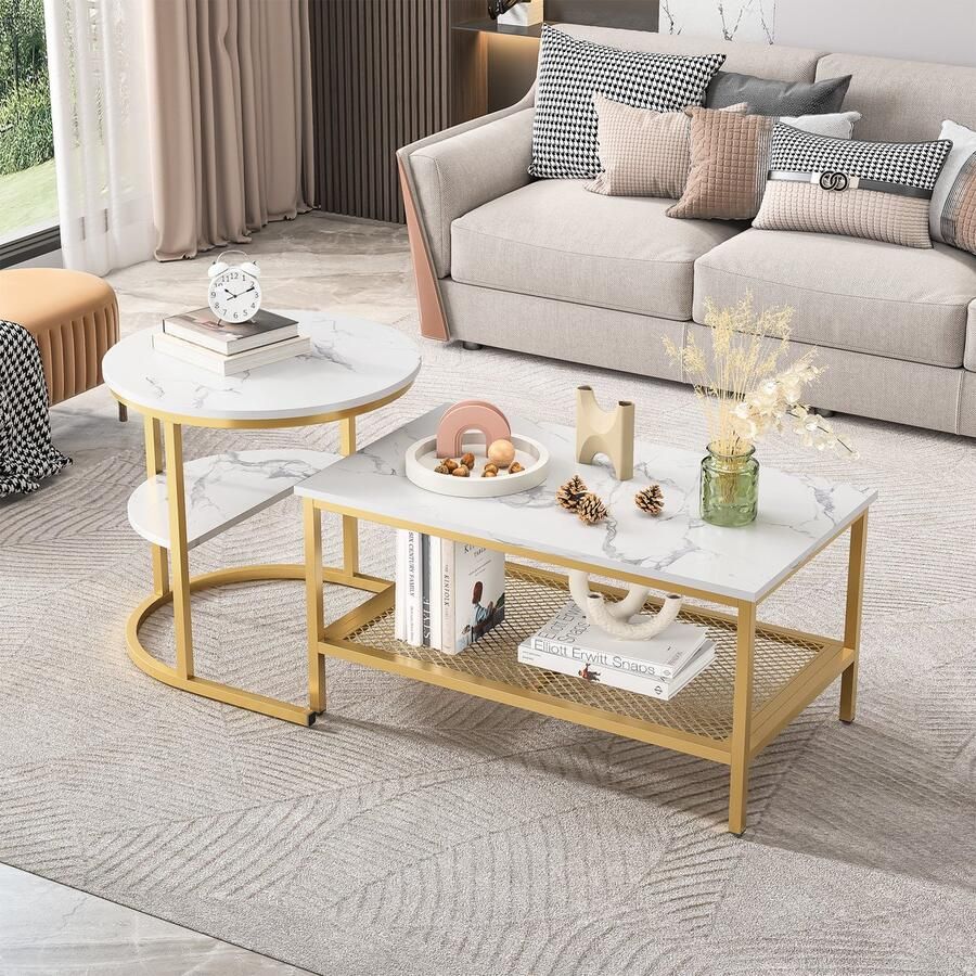 ROSAHQNDA 2-in-1 in elkaar passende salontafel set van 2 moderne salontafel met marmerpatroon salontafel voor woonkamer balkon en kantoor bijzettafelset met metalen frame (wit + goud)