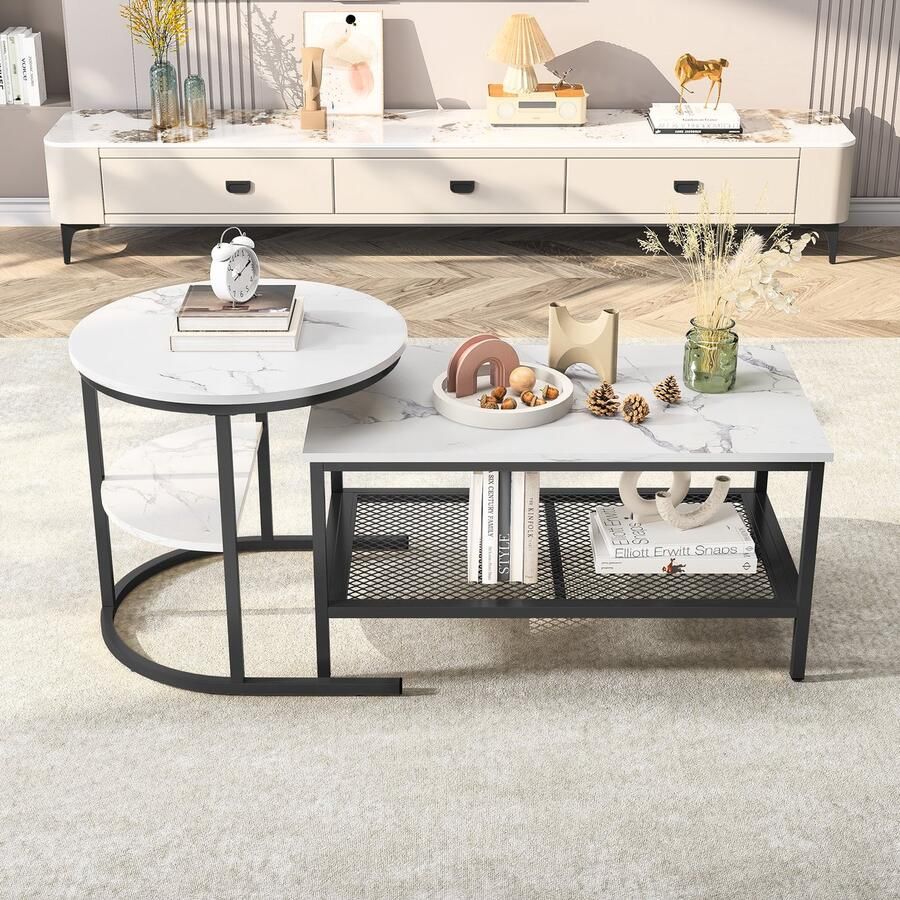 ROSAHQNDA 2-in-1 in elkaar passende salontafel set van 2 moderne salontafel met marmerpatroon salontafel voor woonkamer balkon en kantoor bijzettafelset met metalen frame (wit + zwart)
