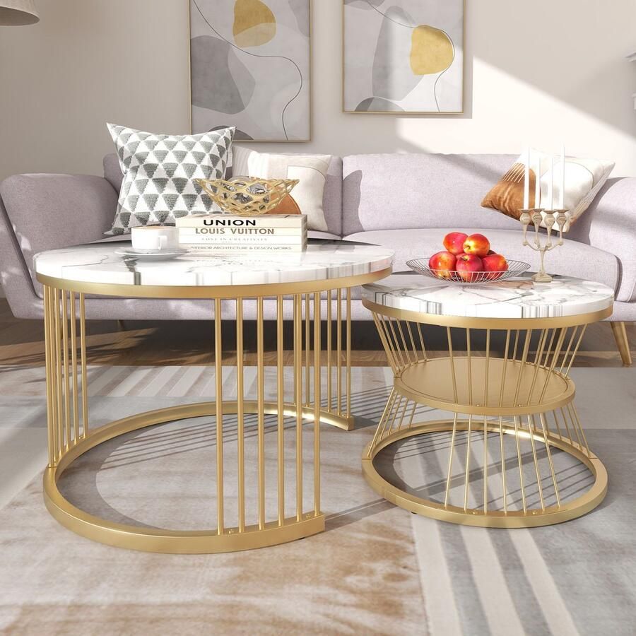 ROSAHQNDA 2 ronde salontafels 70x45 5cm 45x40cm tafel met wit blad en gouden pootondersteuning ronde salontafel ingebouwd in de zijkant van de bank (wit blad + gouden poot)