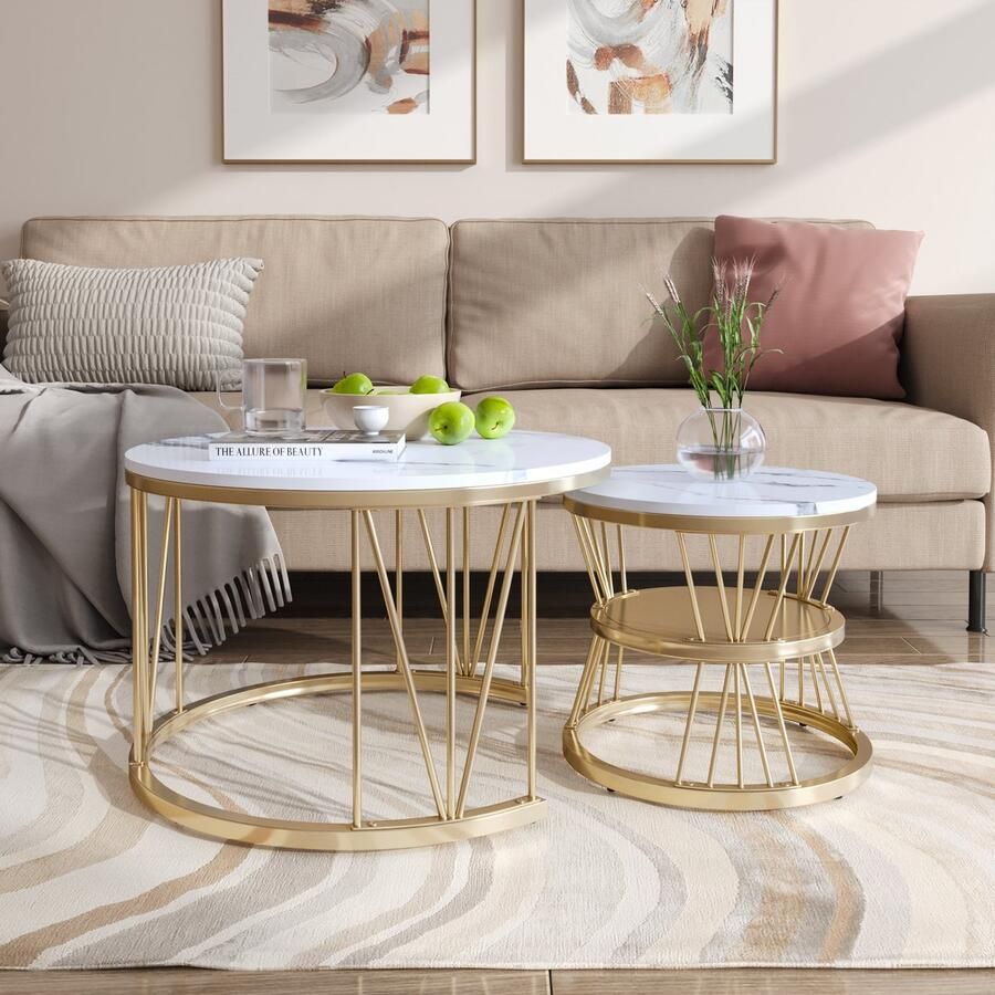 ROSAHQNDA 2 ronde salontafels 70x45cm 45x45cm tafel met wit blad en zwarte pootondersteuning ronde salontafel ingebouwd in de zijkant van de bank (wit blad + gouden poot)