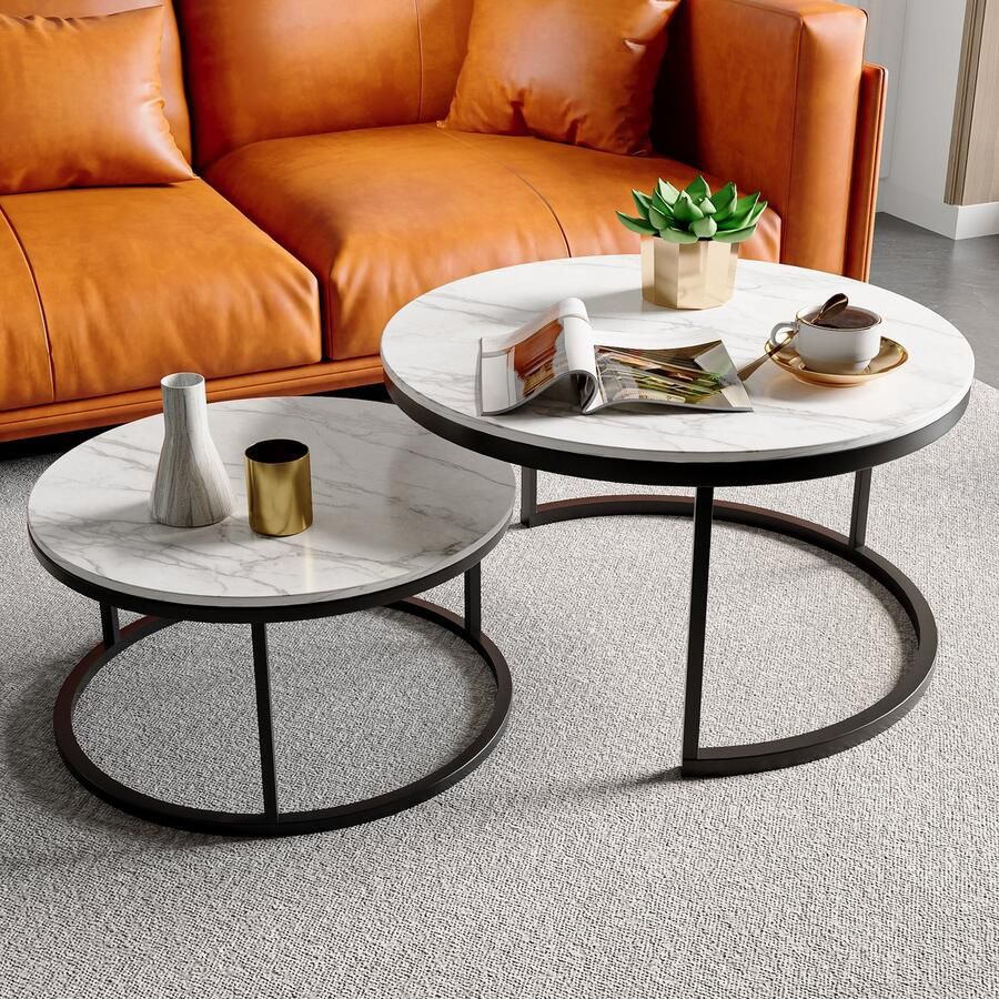 ROSAHQNDA 2 ronde salontafels 80x45cm 60x33cm tafel met wit blad en zwarte pootondersteuning set van 2 ronde salontafels ingebouwd in de zijkant van de bank (wit blad + zwarte poot)