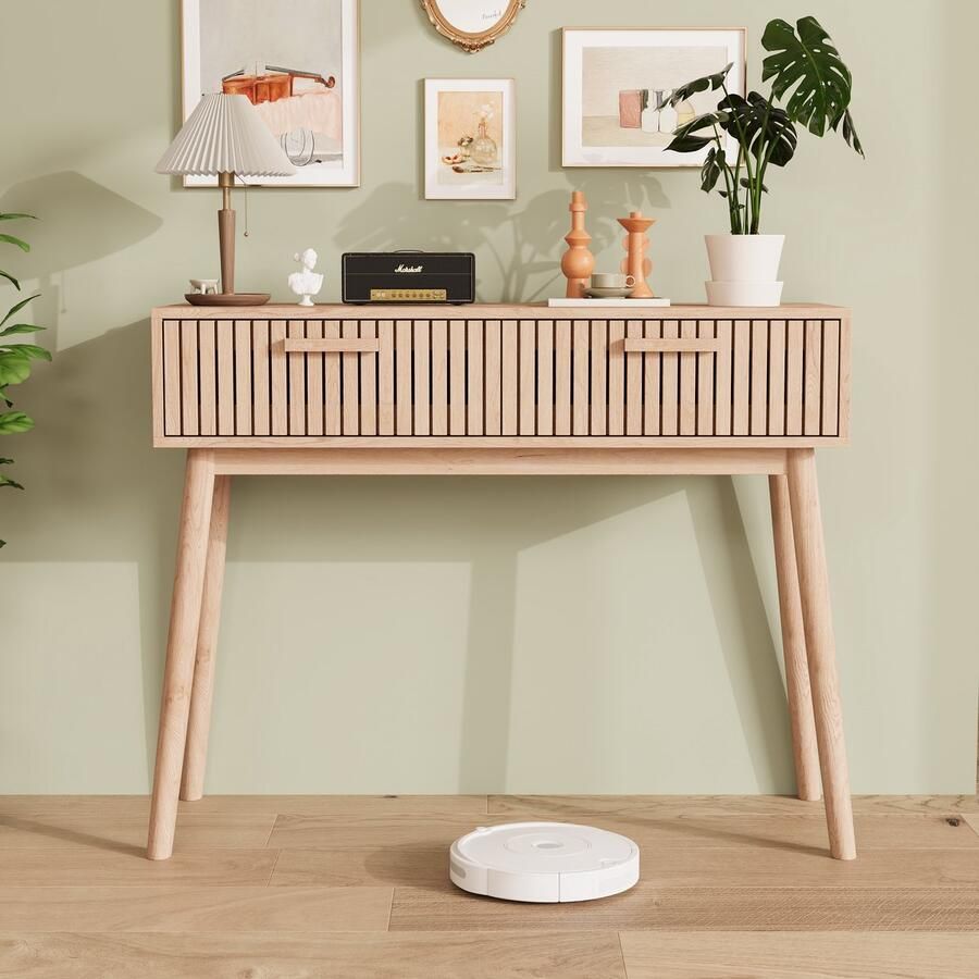 ROSAHQNDA Consoletafel met 2 lades haltafel smalle ladekast met 2 lades bijzettafel voor woonkamer hal dressoir 100 x 35 x 80 cm natuurlijke houten kleur