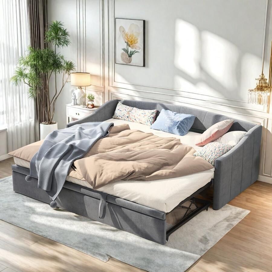 ROSAHQNDA DAY Beds 90 180 x 200 cm 2-in-1 opvouwbare slaapbank uitschuifbare bank gestoffeerd eenpersoonsbed slaapbank met uitschuifbaar bed grijs fluweel zonder matras (wordt in twee pakketten geleverd)