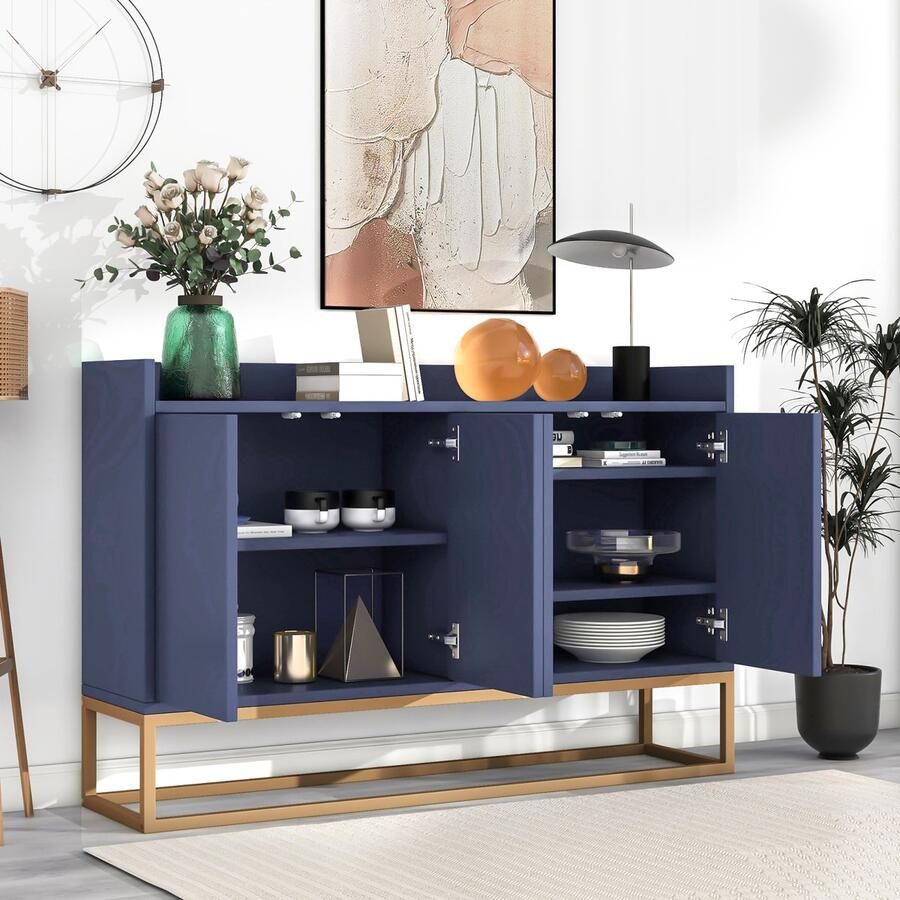 ROSAHQNDA Dressoir met lades in minimalistische stijl marineblauwe moderne buffetkast met 4 deuren metalen poten ladekast met verstelbare plank multifunctionele kast voor eetkamer woonkamer 120x30x80cm