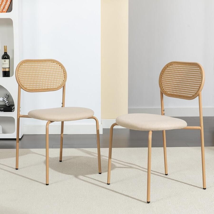 ROSAHQNDA Eetkamerstoelen set van 2 beige keukenstoelen met rotan rugleuning gestoffeerde stoelen met gebogen mesh rugleuning rotan stoel met metalen poten gestoffeerde stoelen accentstoelen voor de eetkamer