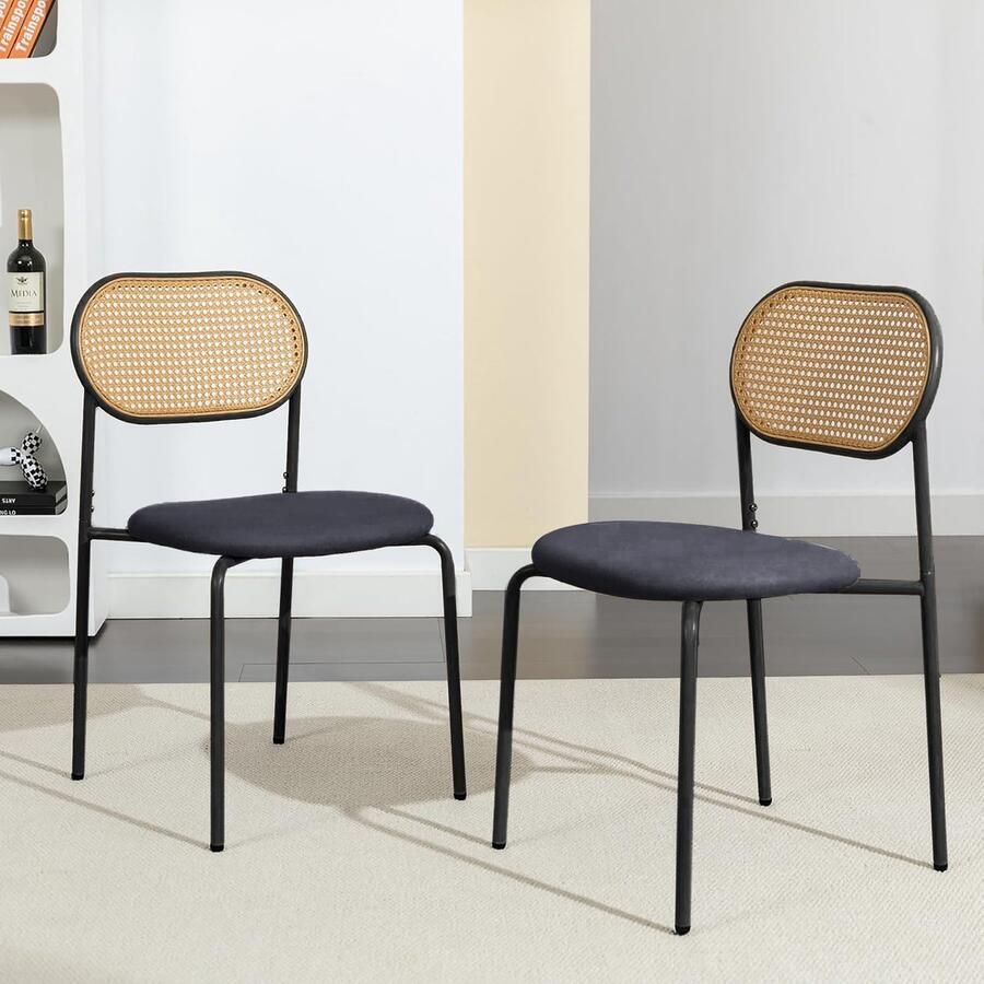 ROSAHQNDA Eetkamerstoelen set van 2 zwart keukenstoelen met rotan rugleuning gestoffeerde stoelen met gebogen mesh rugleuning rotan stoel met metalen poten gestoffeerde stoelen accentstoelen voor de eetkamer
