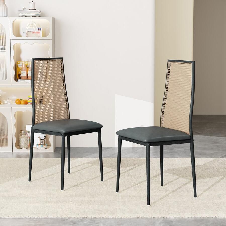 ROSAHQNDA Eetkamerstoelen set van 2 zwart keukenstoelen met rotan rugleuning gewatteerde stoelen met mesh rugleuning rotan stoel met metalen poten gestoffeerde stoelen accentstoelen voor de eetkamer