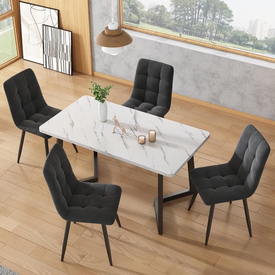 ROSAHQNDA Eetkamerstoelen set van 4 eetkamerstoelen van fluweelstof gewatteerde keukenstoelen met rugleuning eetkamerstoelen zonder armleuningen met decoratief stiksel voor eetkamer woonkamerstoelen donkergrijs (zonder eettafel)