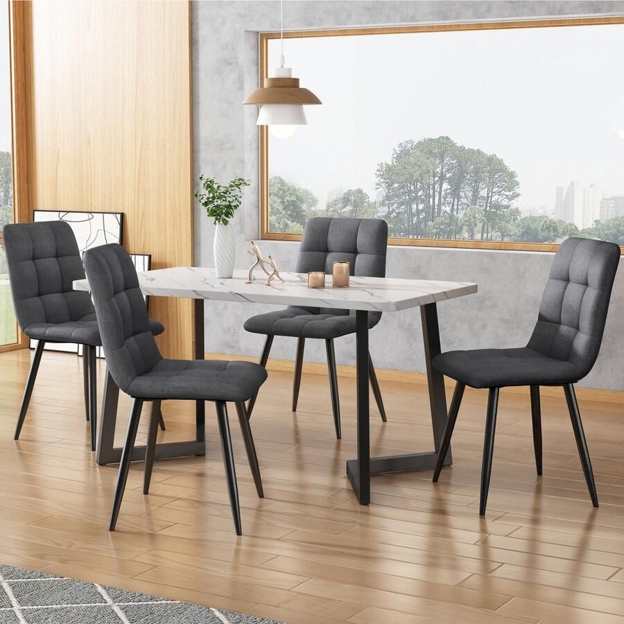 ROSAHQNDA Eetkamerstoelen set van 4 eetkamerstoelen van linnenstof gestoffeerde keukenstoelen met rugleuning eetkamerstoelen zonder armleuningen met decoratief stiksel voor eetkamer woonkamerstoelen grijs (zonder eettafel)