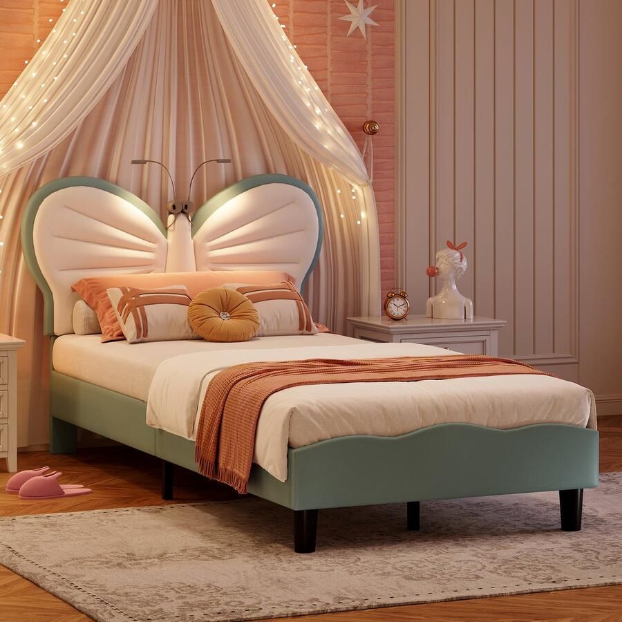 ROSAHQNDA Elegant eenpersoonsbed 90 x 200 cm schattig vlinderhoofdeinde met 2 leeslampjes prinsessenbed met modern design comfortabele fluwelen stof zonder matras