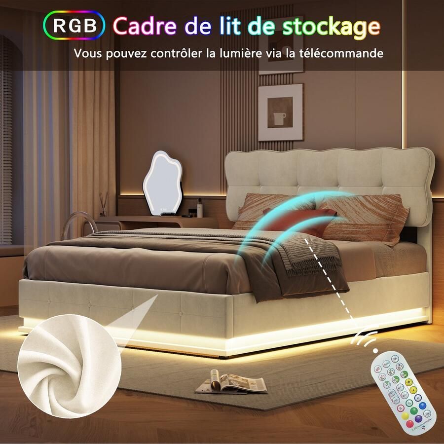 ROSAHQNDA Gestoffeerd bed 140 x 190 cm modern bed met ledverlichting opbergruimte en lattenbodem tweepersoonsbed hydraulisch opbergsysteem bedframe met rugleuning beige fluweel zonder matras (gesplitst voor 2 pakketten voor verzending)