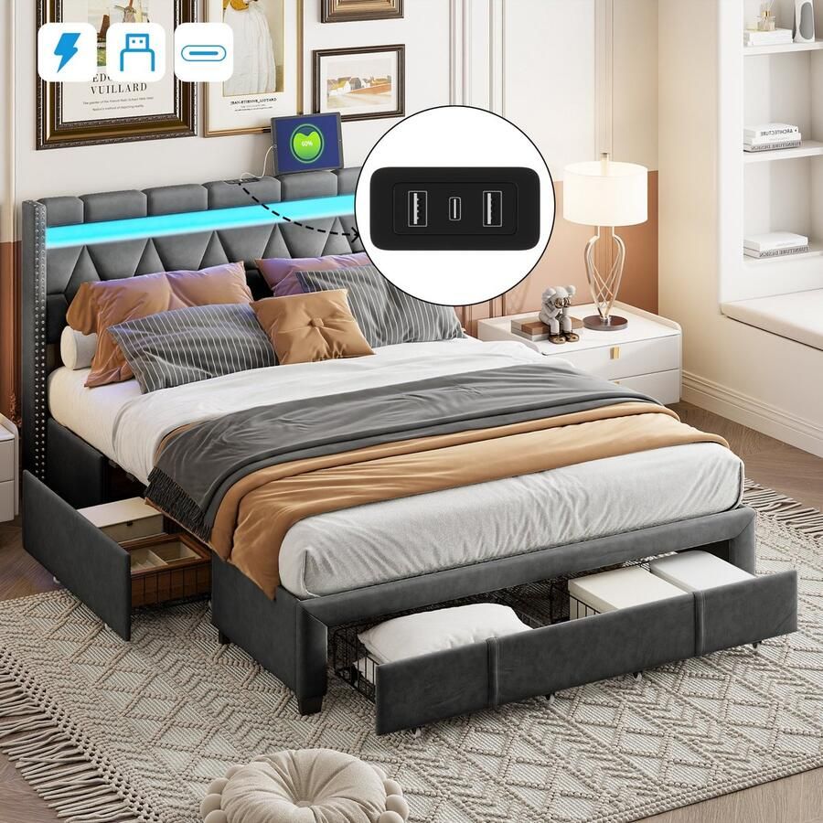ROSAHQNDA Gestoffeerd bed 140 x 200 cm LED-verlichting en USB-oplaadpoort Tweepersoonsbed met 4 lades jeugdbed met opbergruimte en lattenbodem opbergbed modern bed Grijs linnen hoofdeinde rugleuning zonder matras -splitsen voor 2 pakketten voor verzending