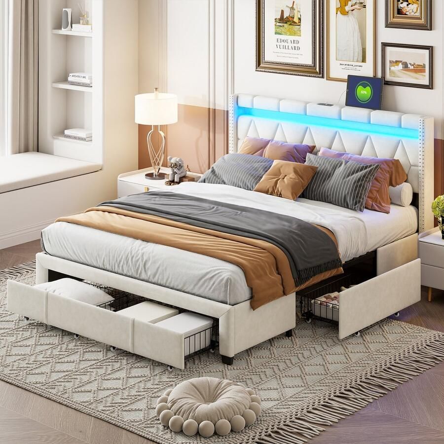 ROSAHQNDA Gestoffeerd bed 140 x 200 cm LED-verlichting en USB-oplaadpoort Tweepersoonsbed met 4 lades jeugdbed met opbergruimte en lattenbodem opbergbed modern bed Beige linnen hoofdeinde rugleuning zonder matras -splitsen voor 2 pakketten voor verzending