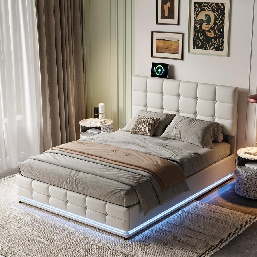 ROSAHQNDA Gestoffeerd bed 140x200cm modern hydraulisch opbergbed met LED-verlichting functioneel bed met veel opbergruimte tweepersoonsbed met verstelbare hoofdsteun logeerbed voor jongeren wit PU-leer zonder matras -gesplitst voor 2 pakketten voor verzending