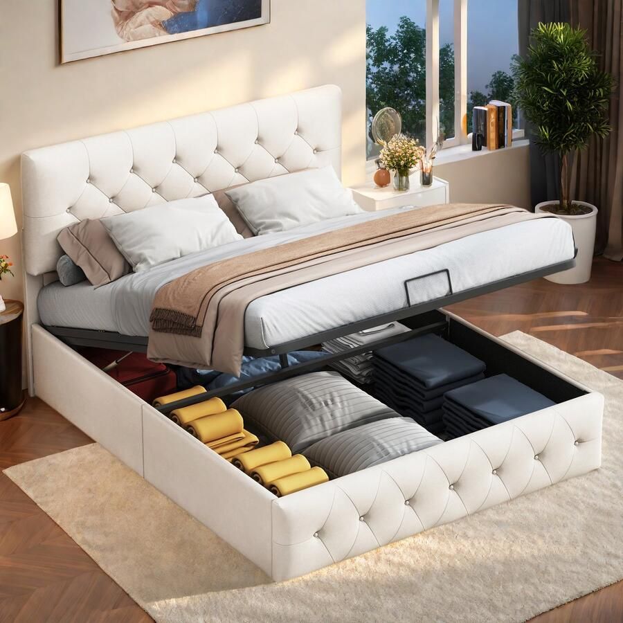 ROSAHQNDA Gestoffeerd bed 140x200cm slaapkamerplatformbed met hydraulische lift opbergbox tweepersoonsbed jeugdbed beige fluwelen hoofdeinde gestoffeerd bedframe met lattenbodem zonder matras (verzendkosten: 2 pakketten splitsen)