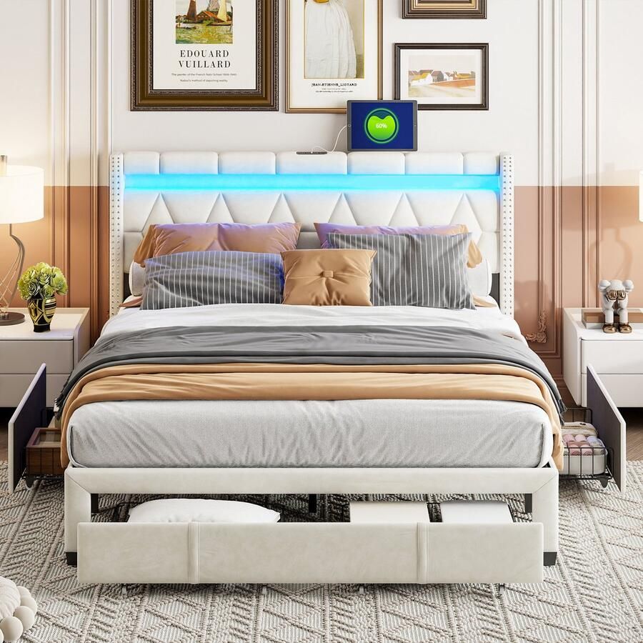 ROSAHQNDA Gestoffeerd bed 160 x 200 cm LED-verlichting en USB-oplaadpoort Tweepersoonsbed met 4 lades jeugdbed met opbergruimte en lattenbodem opbergbed modern bed Beige linnen hoofdeinde rugleuning zonder matras -splitsen voor 2 pakketten voor verzending