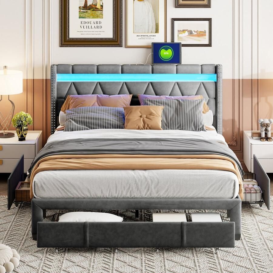 ROSAHQNDA Gestoffeerd bed 160 x 200 cm LED-verlichting en USB-oplaadpoort Tweepersoonsbed met 4 lades jeugdbed met opbergruimte en lattenbodem opbergbed modern bed Grijs linnen hoofdeinde rugleuning zonder matras -splitsen voor 2 pakketten voor verzending